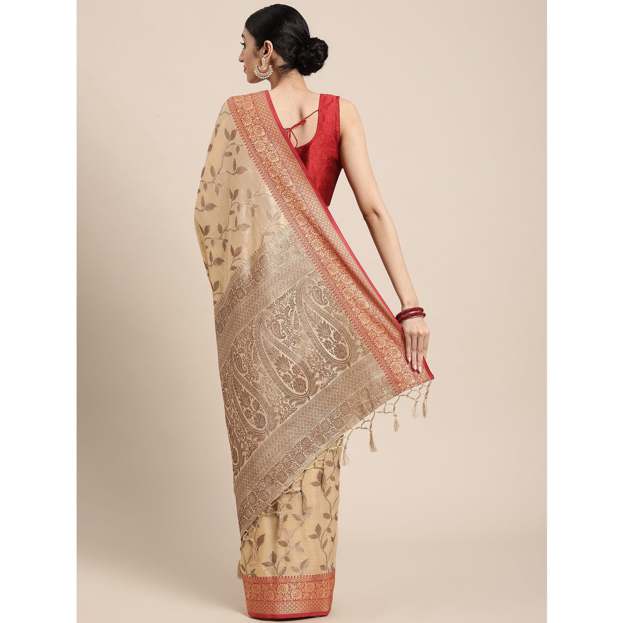 Chikoo Woven Cotton Silk Saree With Tassels - Peachmode