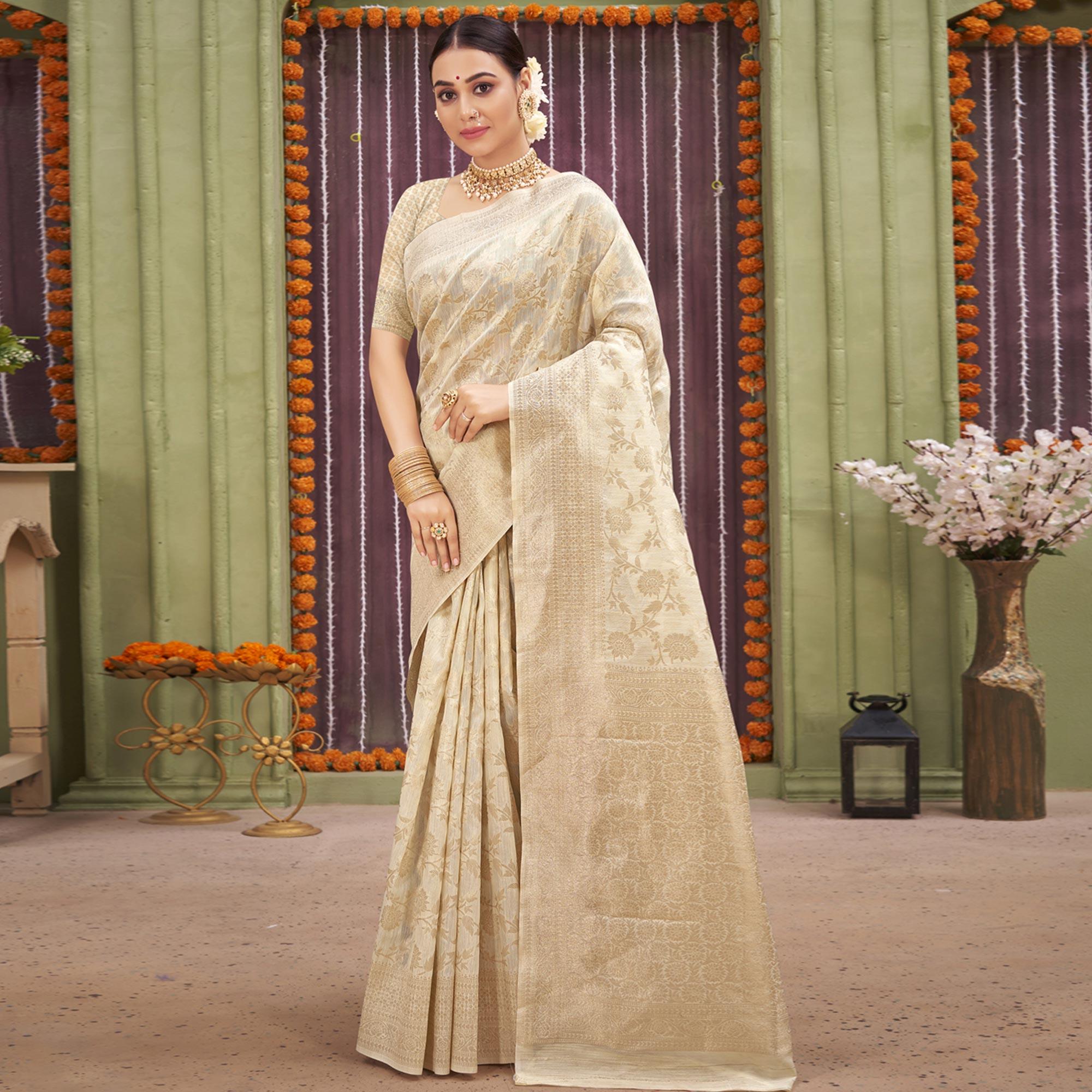 Chikoo Woven Linen Saree - Peachmode