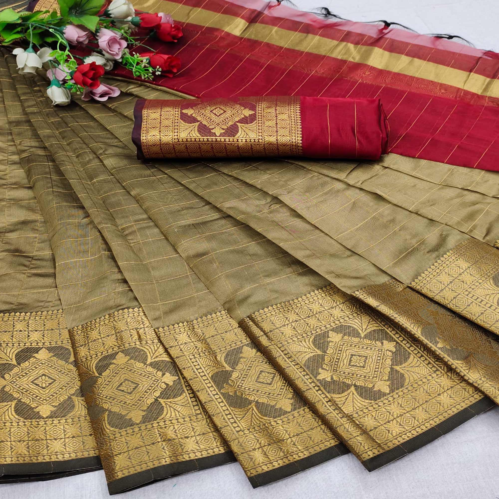 Chikoo Woven Organza Saree - Peachmode