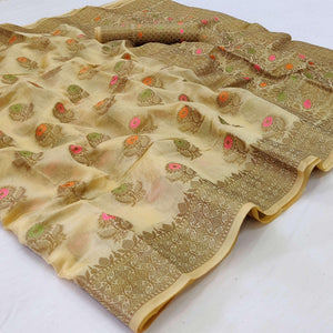 Chikoo Woven Organza Saree - Peachmode
