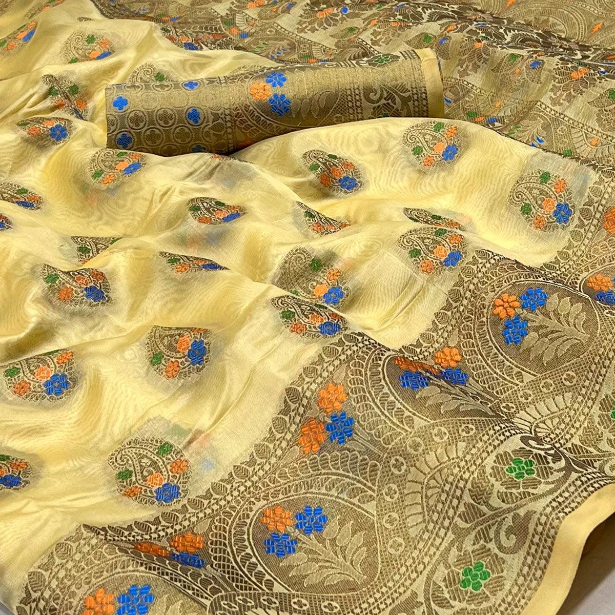 Chikoo Woven Organza Saree - Peachmode