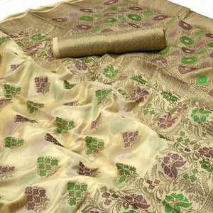 Chikoo Woven Organza Saree - Peachmode