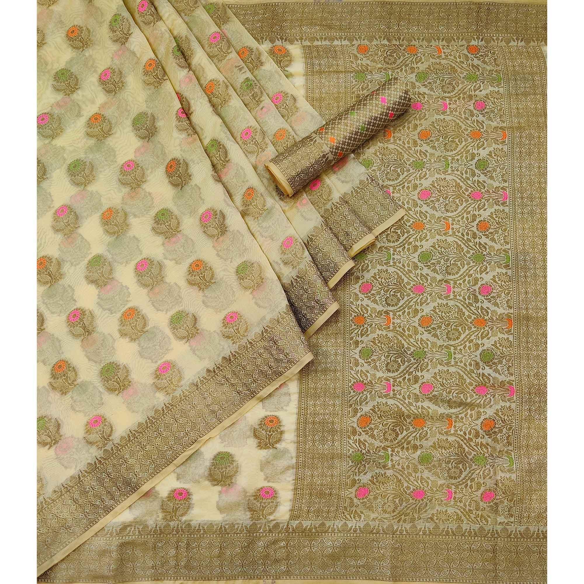 Chikoo Woven Organza Saree - Peachmode