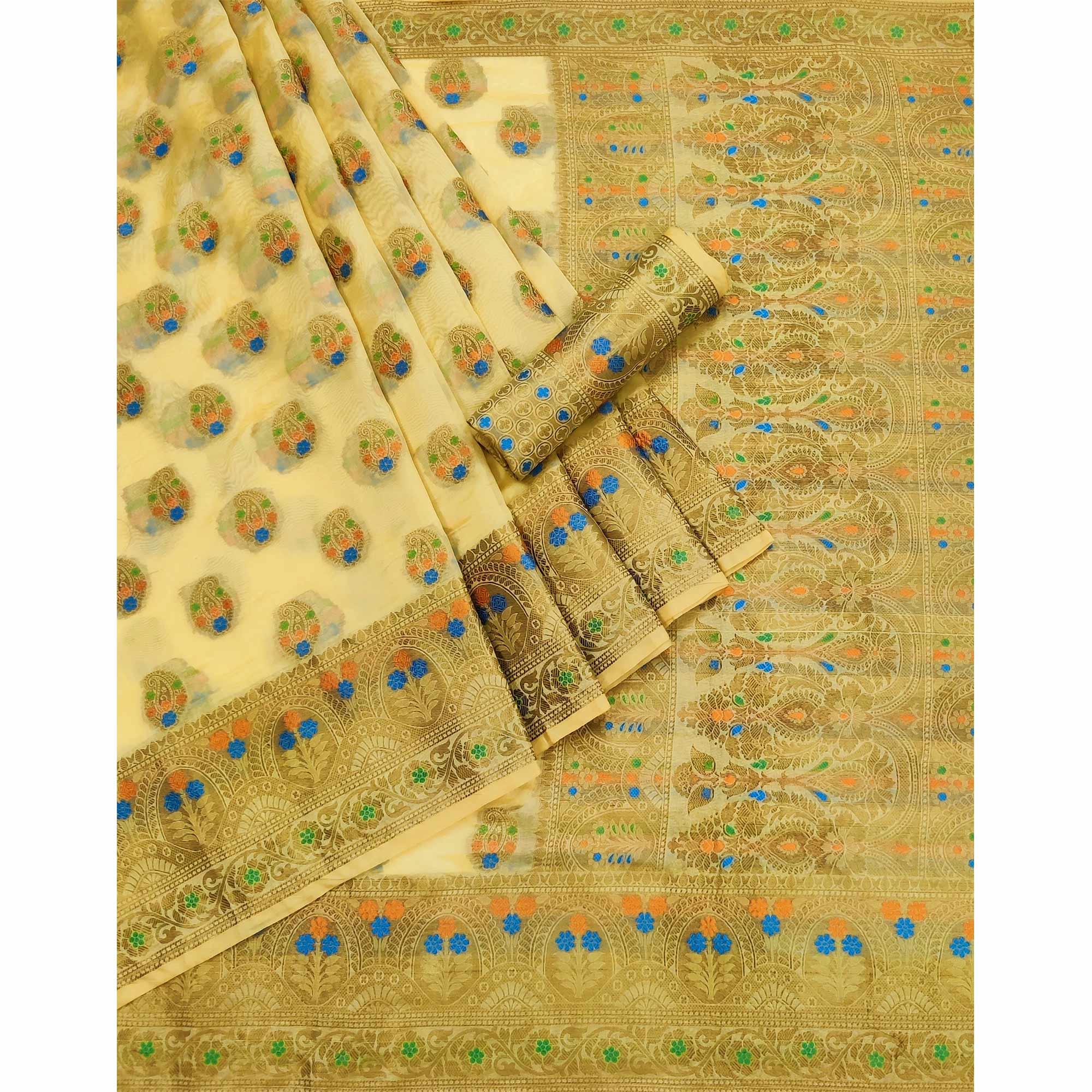 Chikoo Woven Organza Saree - Peachmode