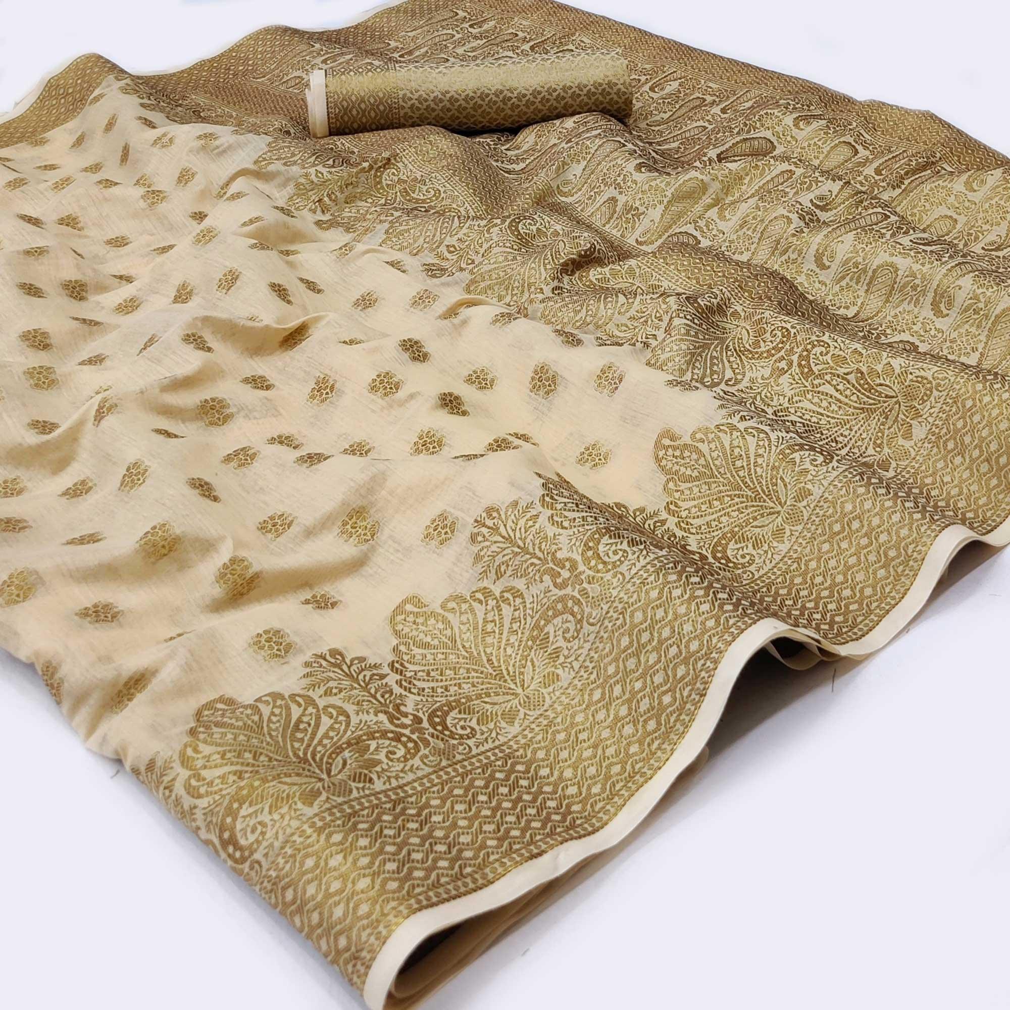 Chikoo Woven Poly Cotton Saree - Peachmode