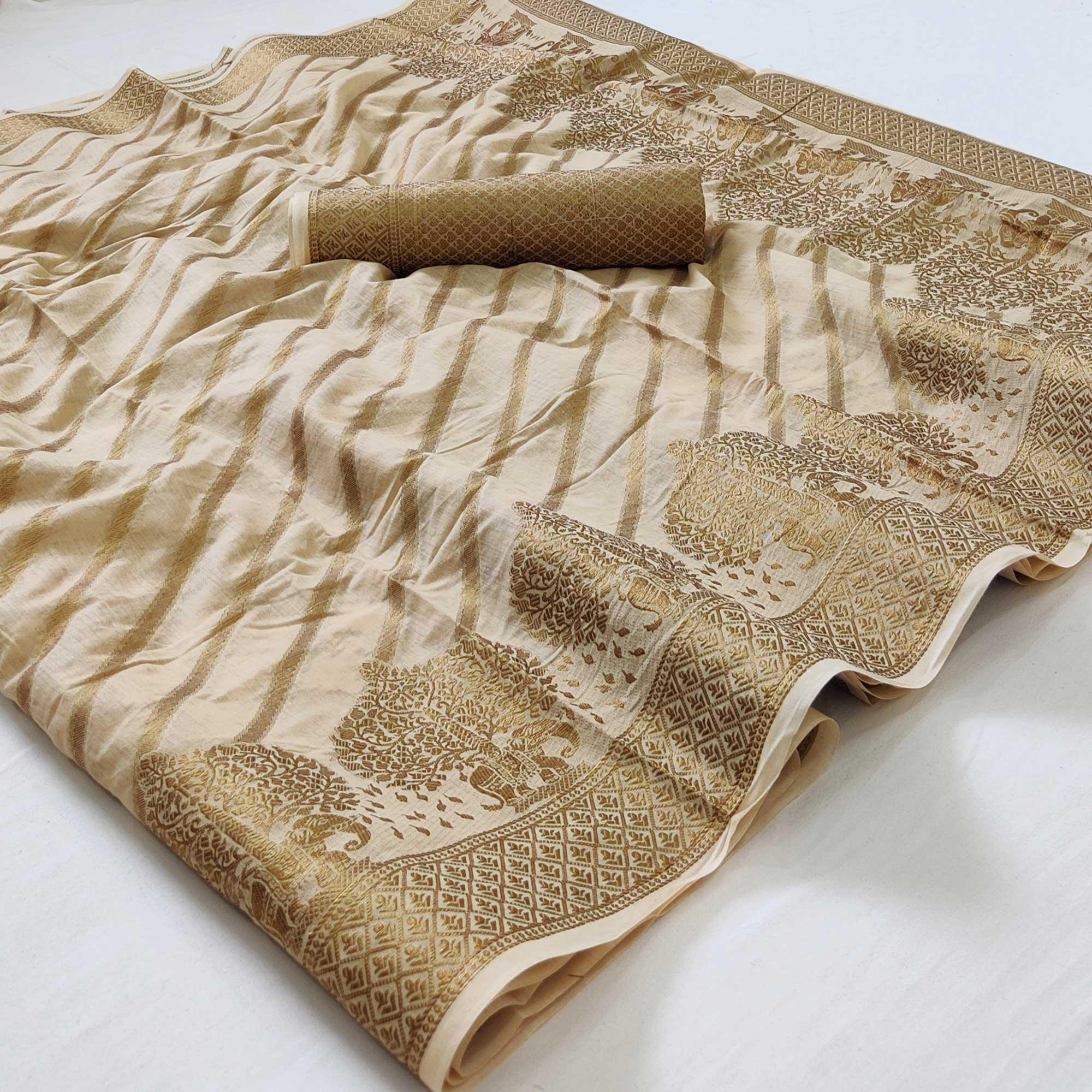 Chikoo Woven Poly Cotton Saree - Peachmode