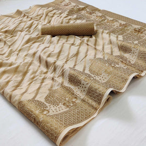 Chikoo Woven Poly Cotton Saree - Peachmode