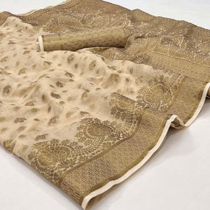 Chikoo Woven Poly Cotton Saree - Peachmode