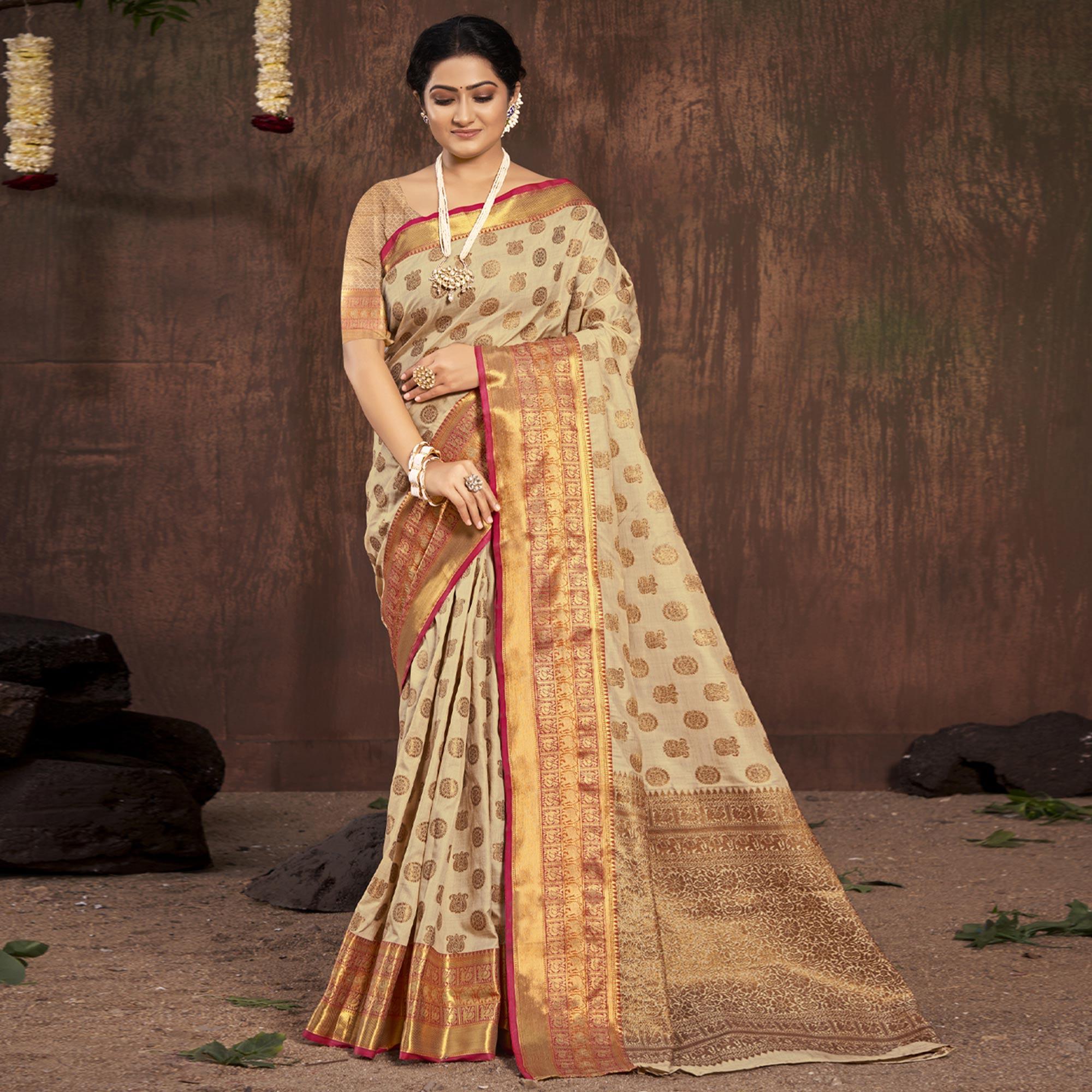 Chikoo Woven Poly Cotton Saree - Peachmode