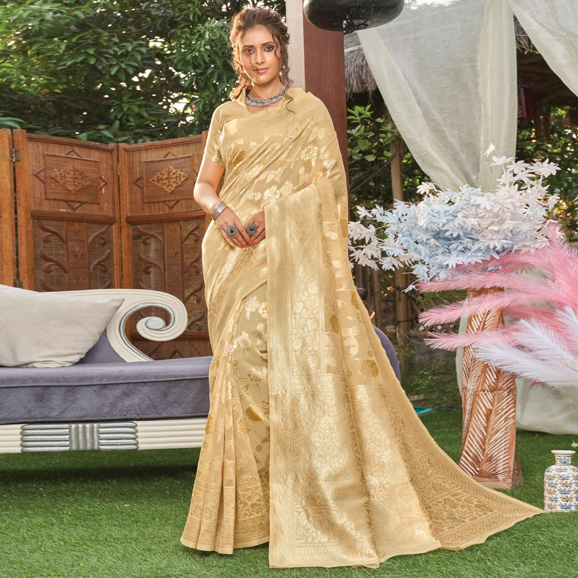 Chikoo Woven Poly Cotton Saree - Peachmode