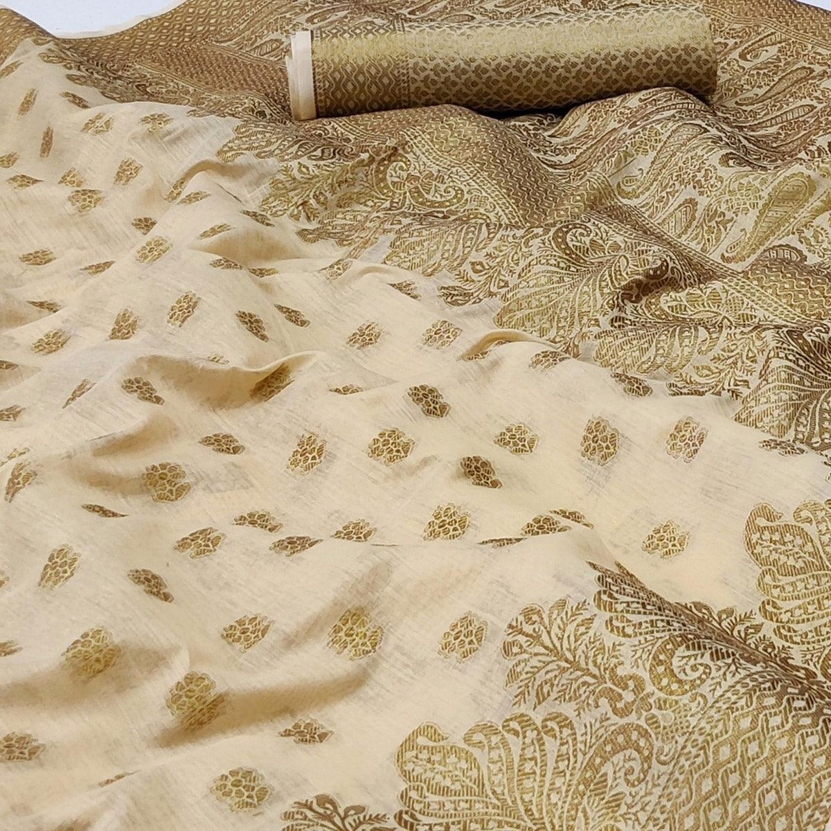 Chikoo Woven Poly Cotton Saree - Peachmode