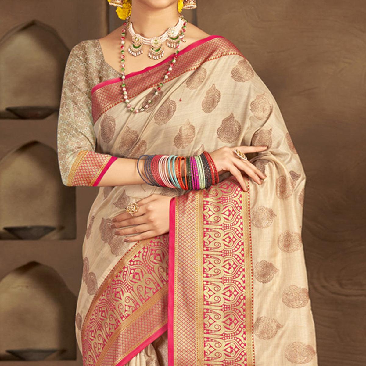 Chikoo Woven Poly Cotton Saree - Peachmode