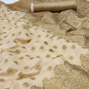 Chikoo Woven Poly Cotton Saree - Peachmode