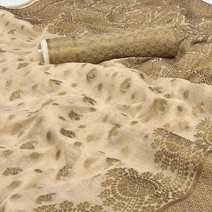 Chikoo Woven Poly Cotton Saree - Peachmode