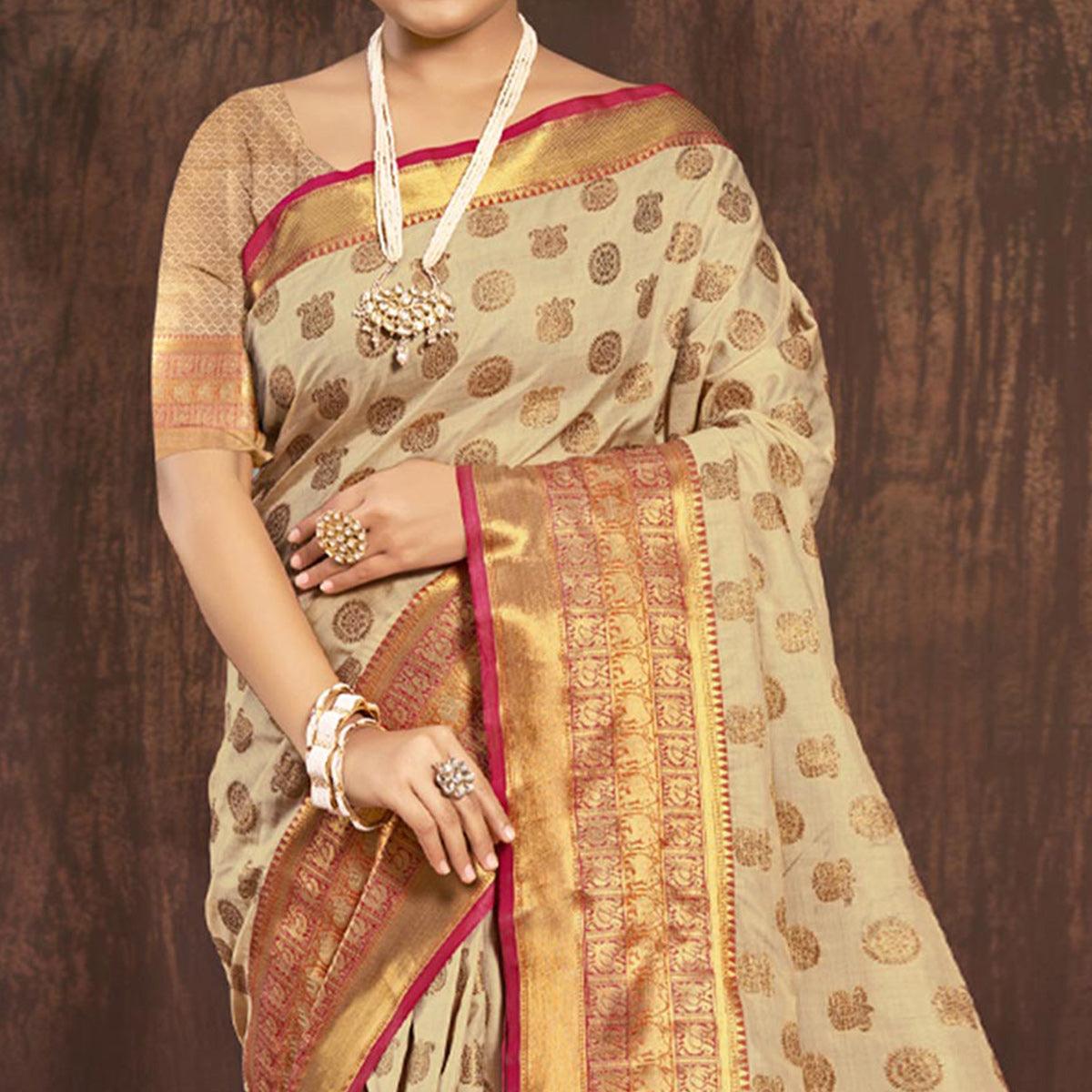 Chikoo Woven Poly Cotton Saree - Peachmode