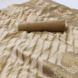Chikoo Woven Poly Cotton Saree - Peachmode