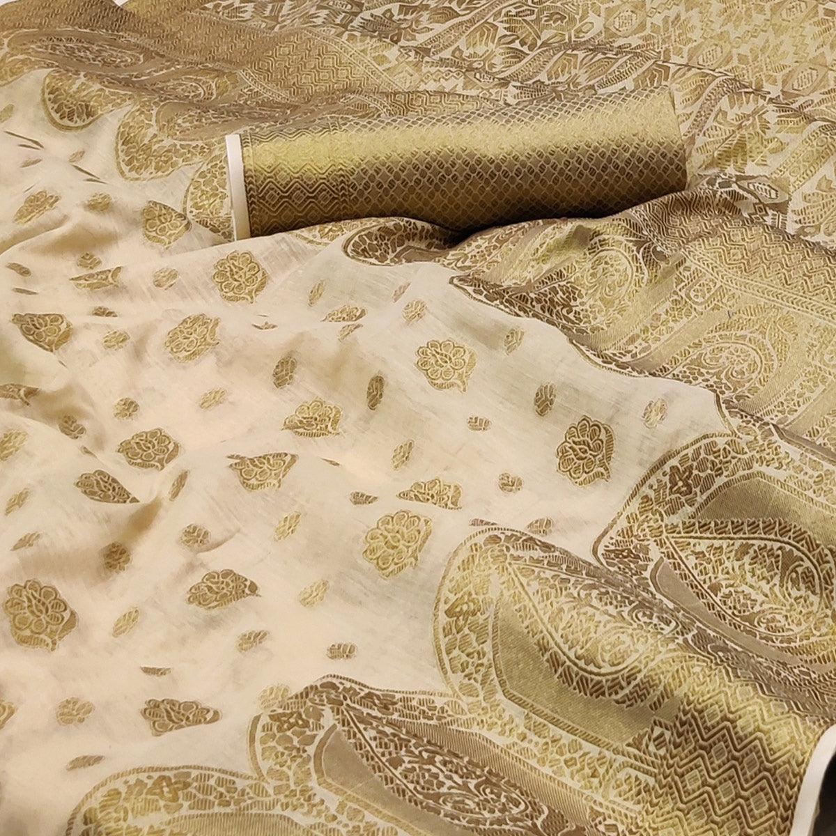 Chikoo Woven Poly Cotton Saree - Peachmode