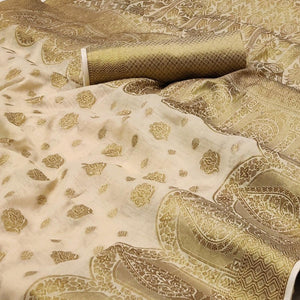 Chikoo Woven Poly Cotton Saree - Peachmode