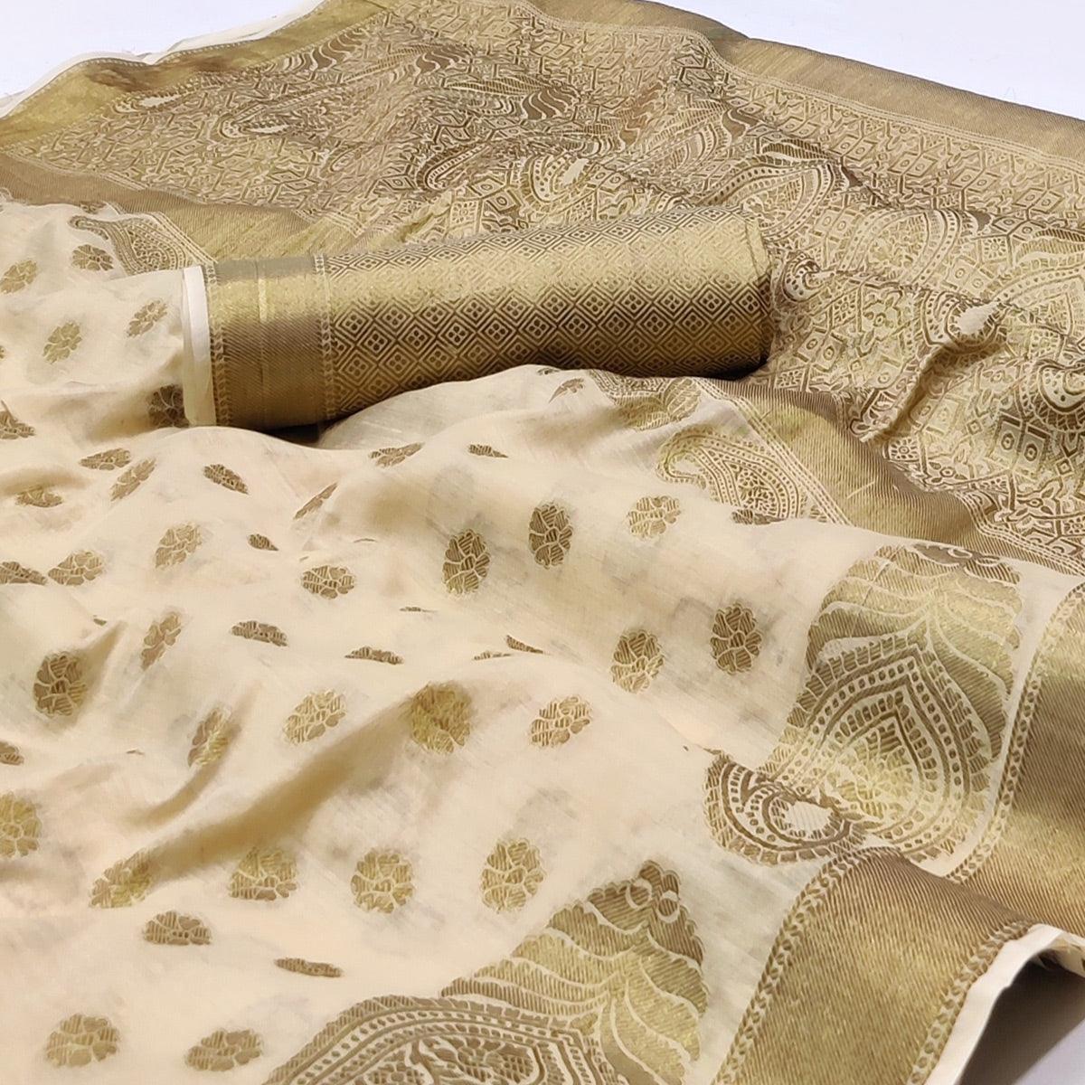 Chikoo Woven Poly Cotton Saree - Peachmode