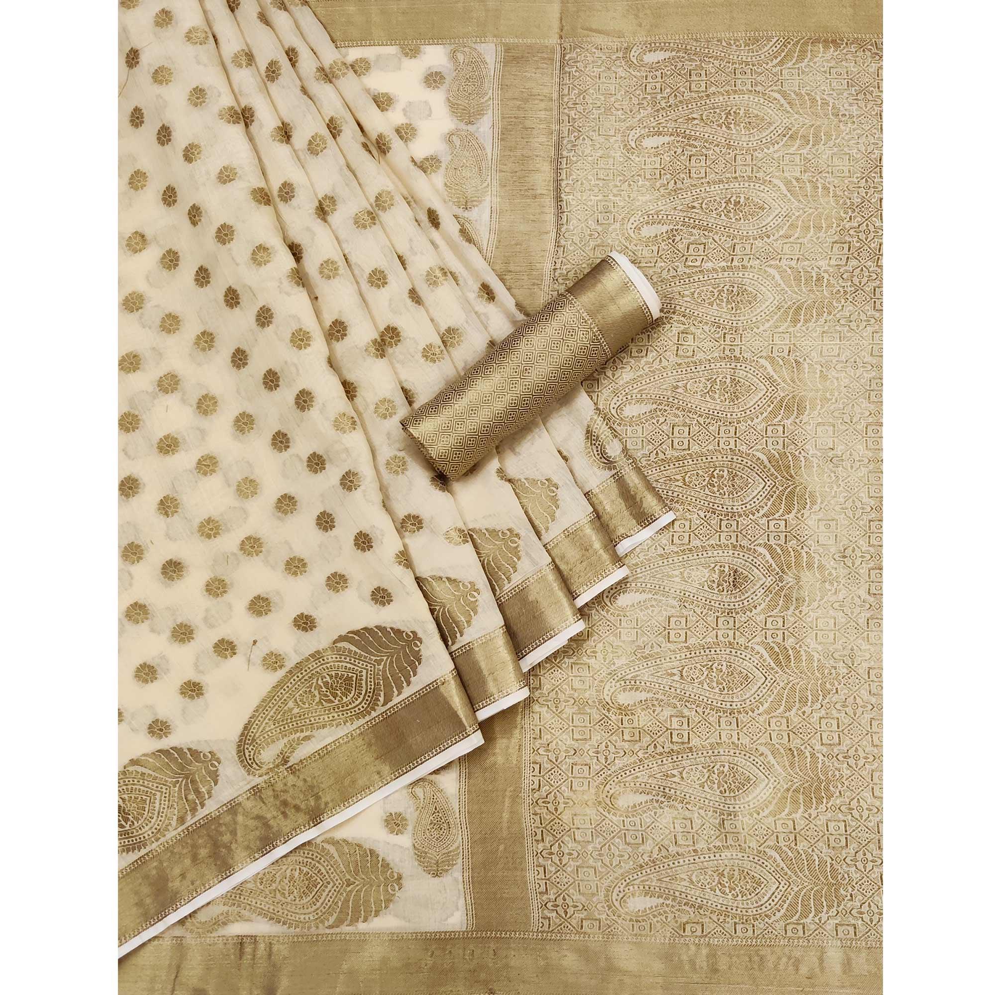 Chikoo Woven Poly Cotton Saree - Peachmode