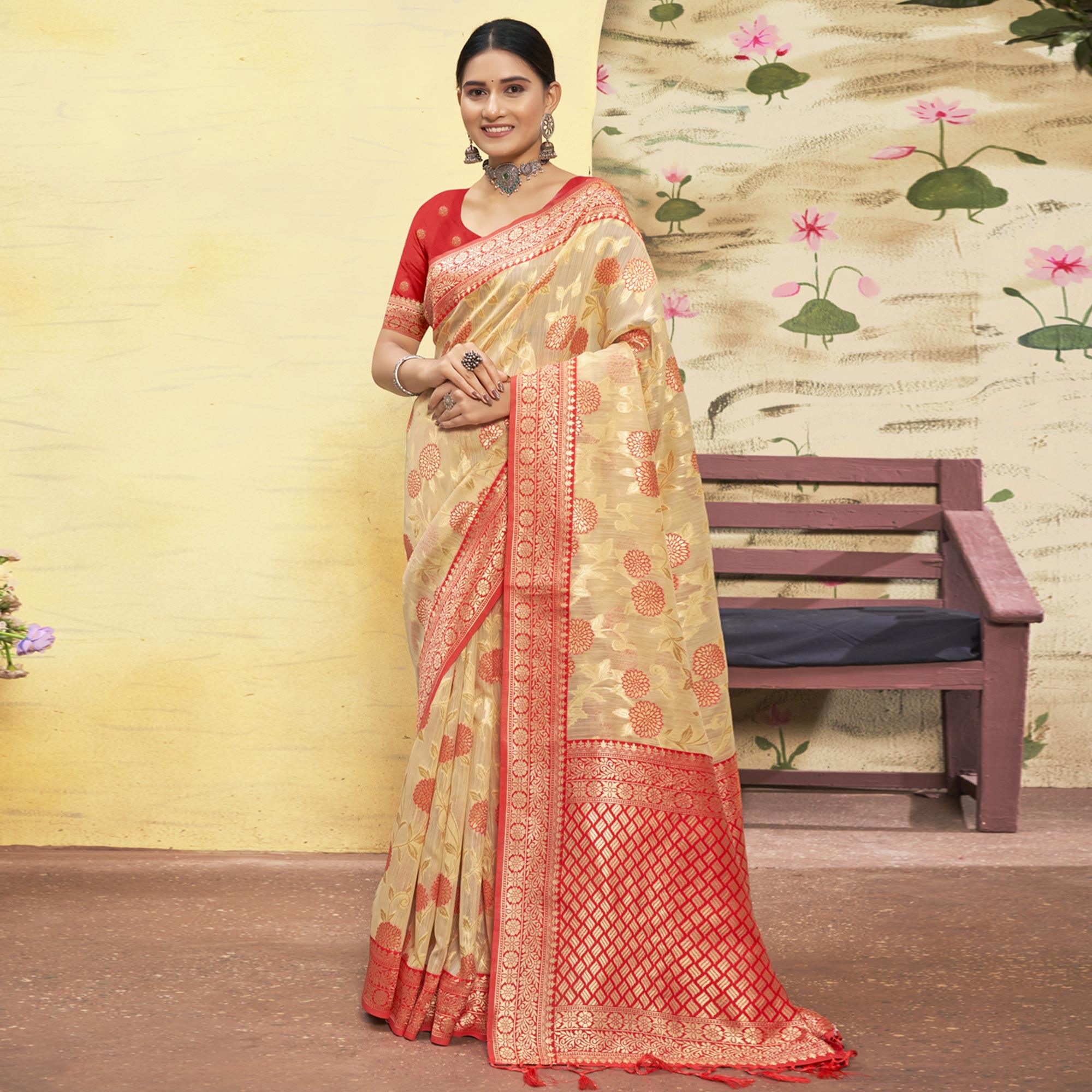 Chikoo Woven Poly Cotton Saree With Tassels - Peachmode
