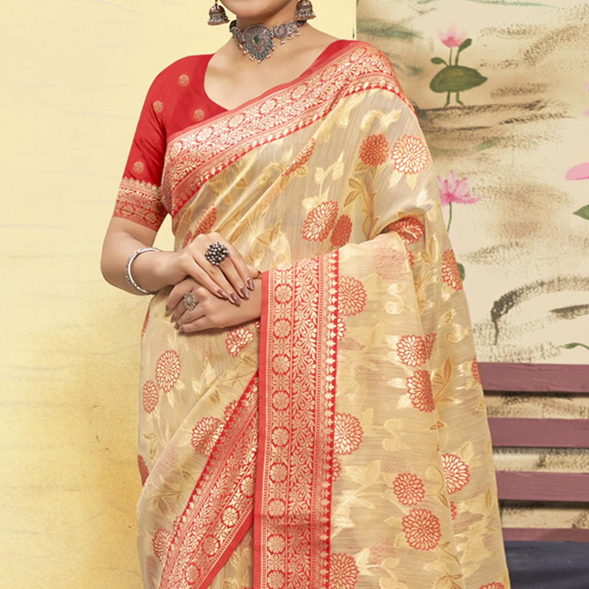 Chikoo Woven Poly Cotton Saree With Tassels - Peachmode