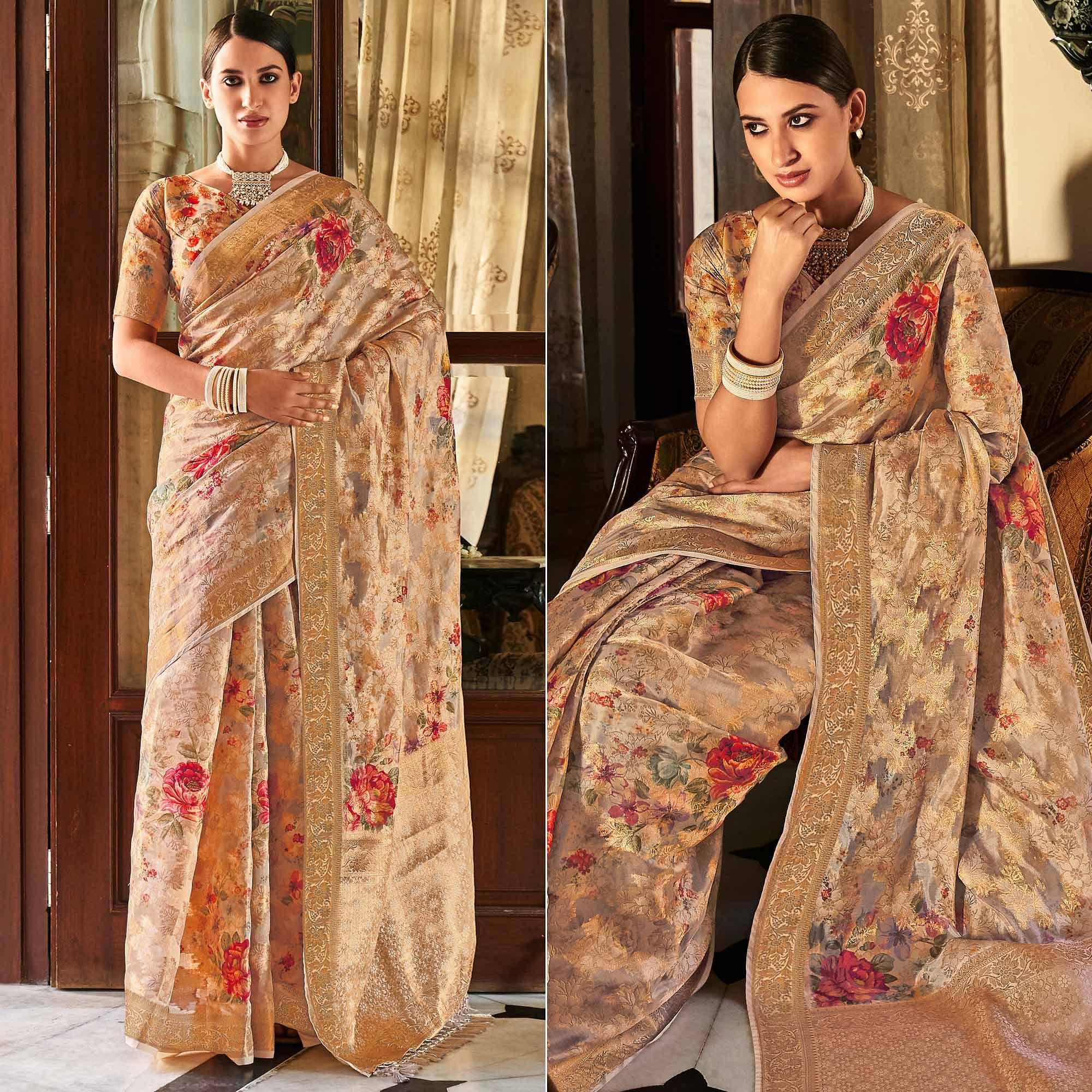 Chikoo Woven With Printed Cotton Silk Saree With Tassels - Peachmode