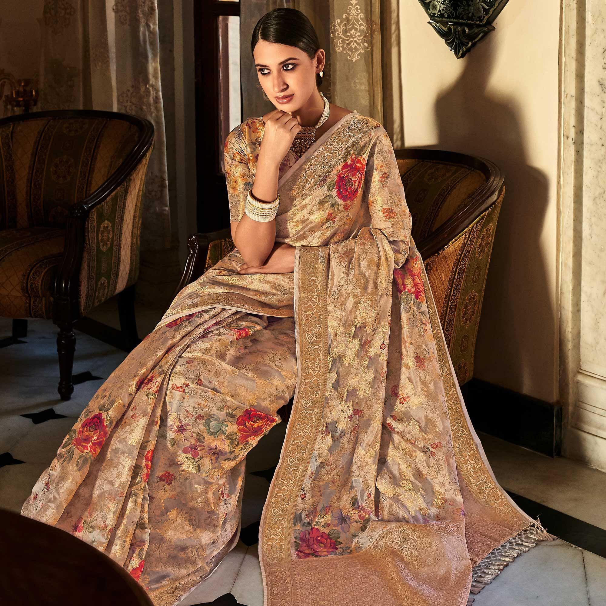 Chikoo Woven With Printed Cotton Silk Saree With Tassels - Peachmode