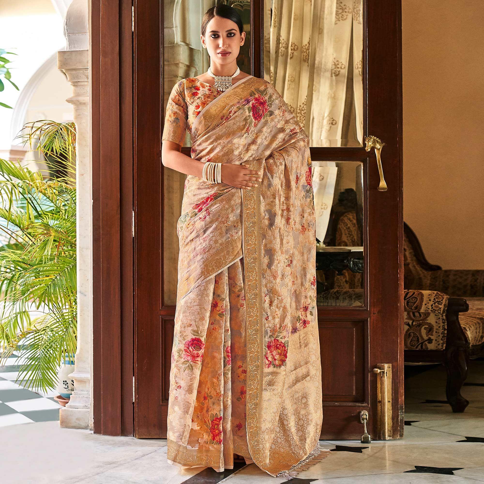 Chikoo Woven With Printed Cotton Silk Saree With Tassels - Peachmode