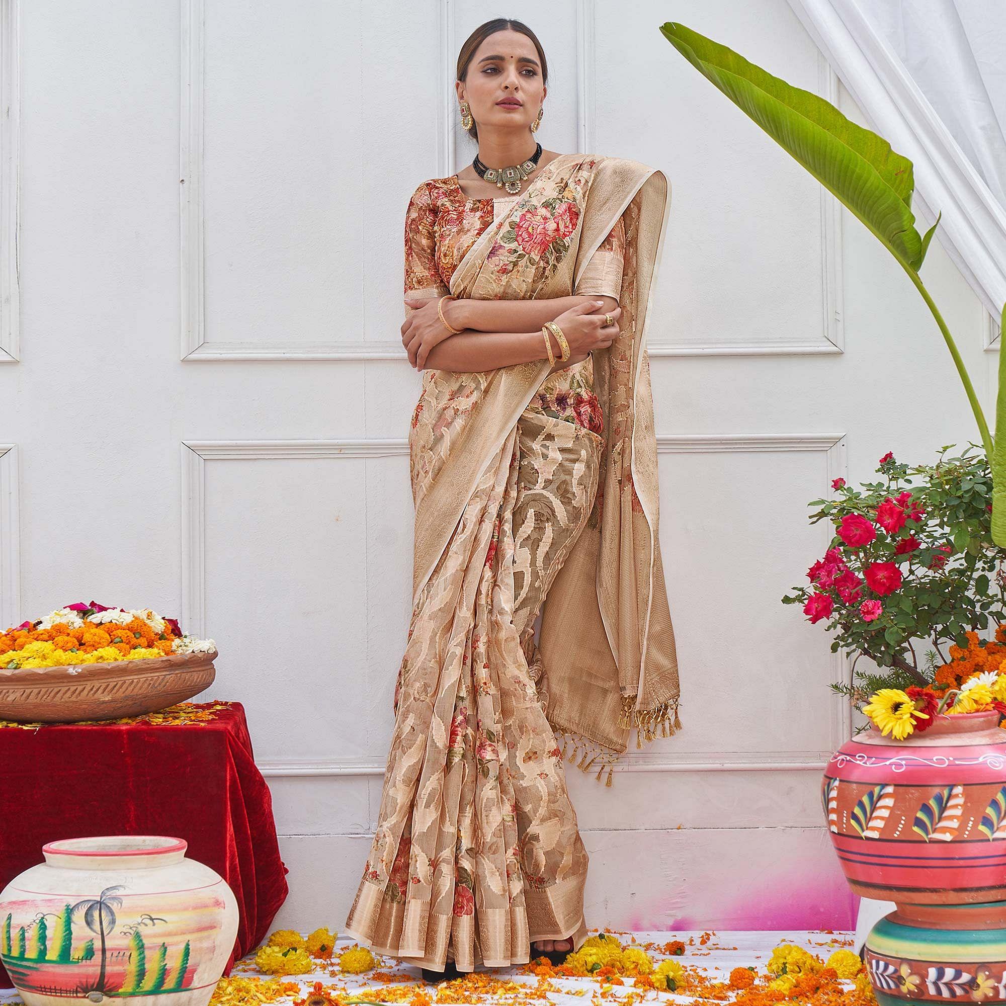 Chikoo Woven With Printed Organza Saree - Peachmode