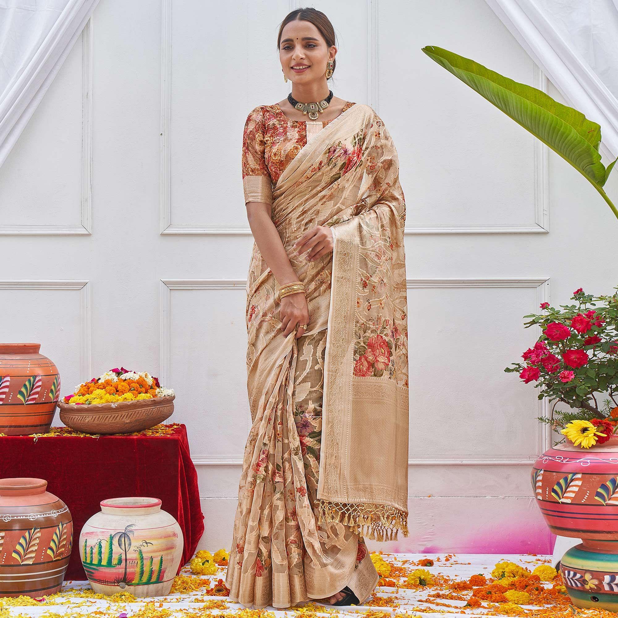 Chikoo Woven With Printed Organza Saree - Peachmode