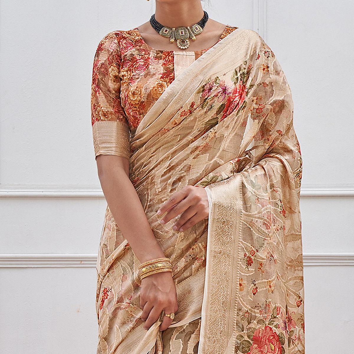 Chikoo Woven With Printed Organza Saree - Peachmode