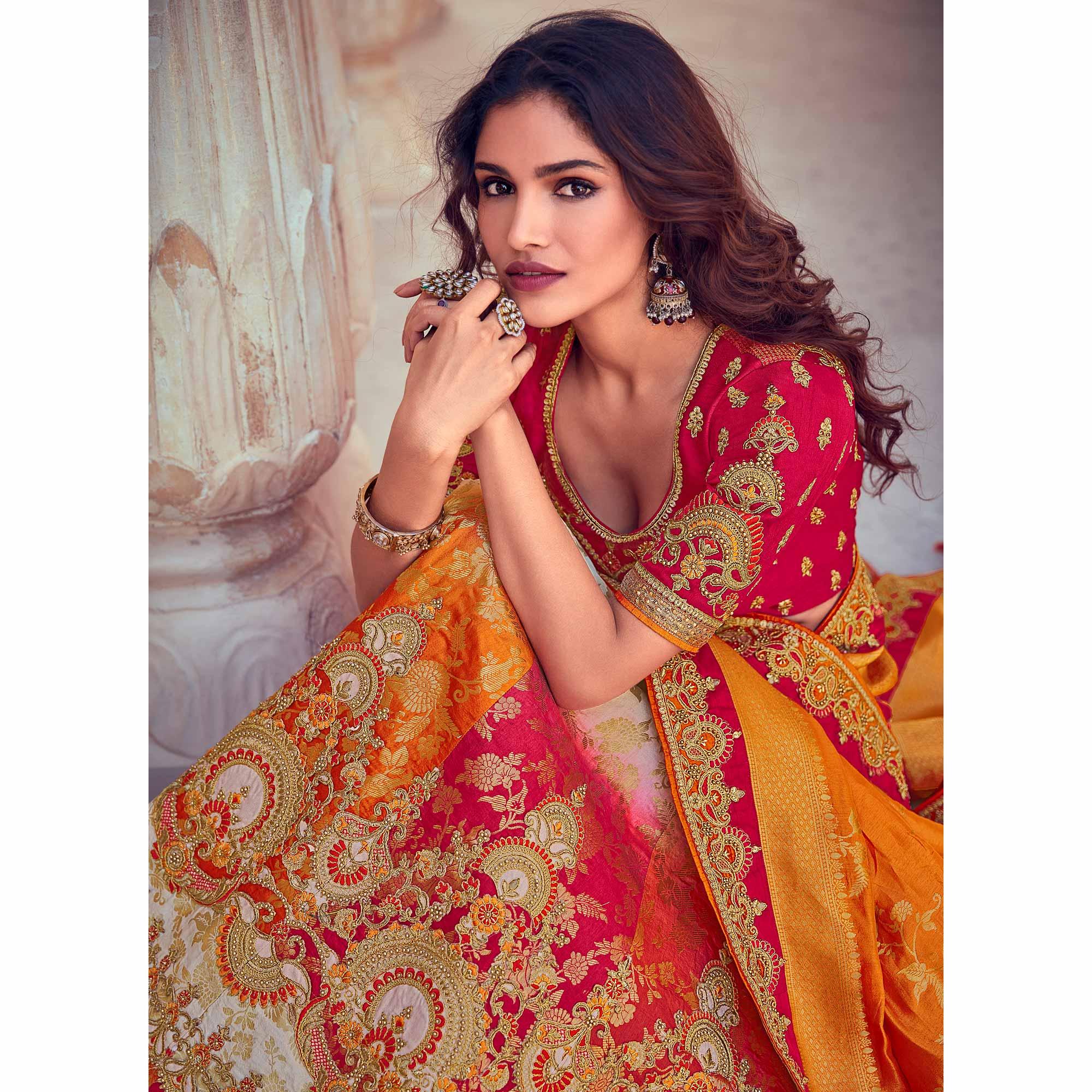Chiku & Orange Wedding Wear Woven & Embroidered Silk Lehenga Choli - Peachmode