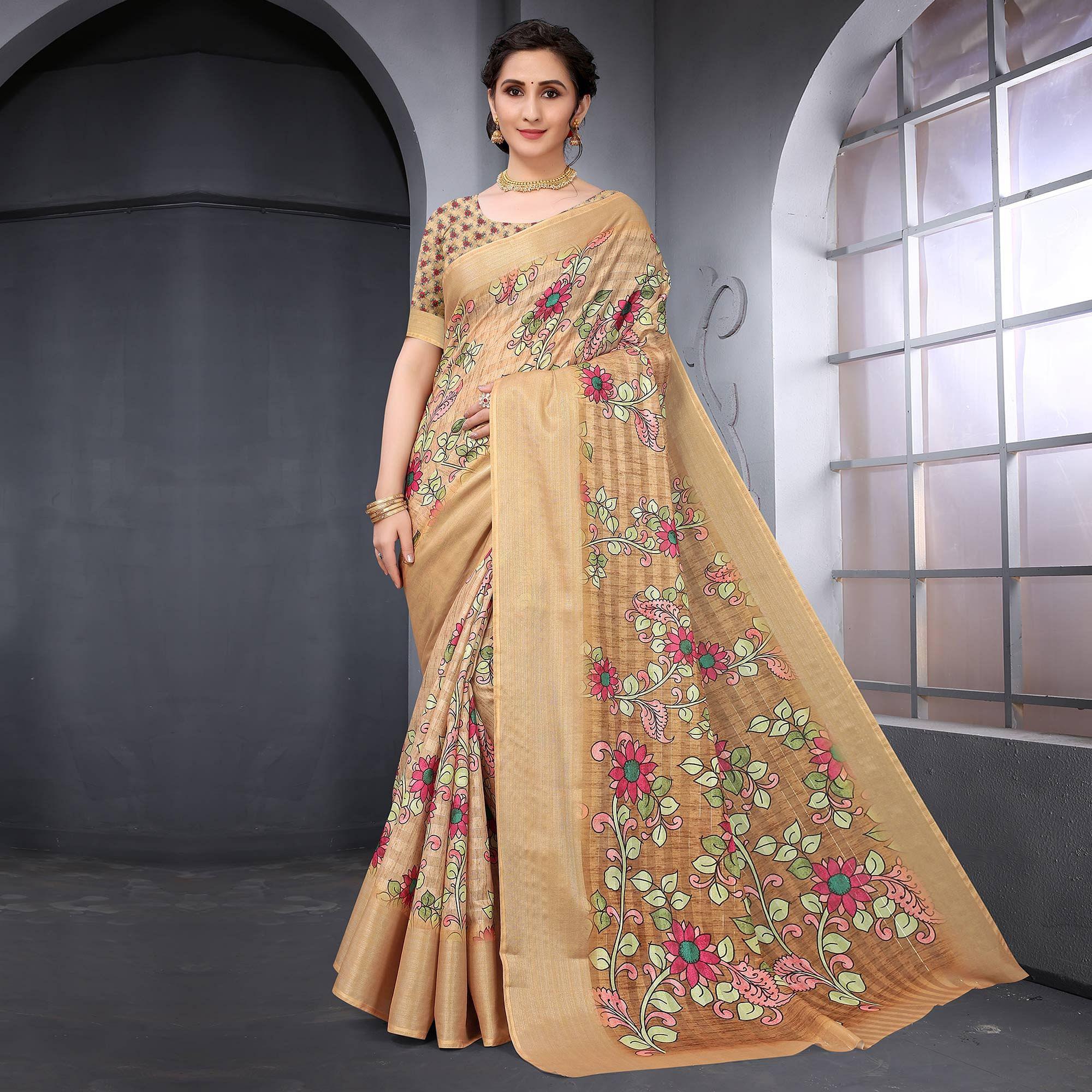 Chiku Festive Wear Floral Printed Art Silk Saree - Peachmode