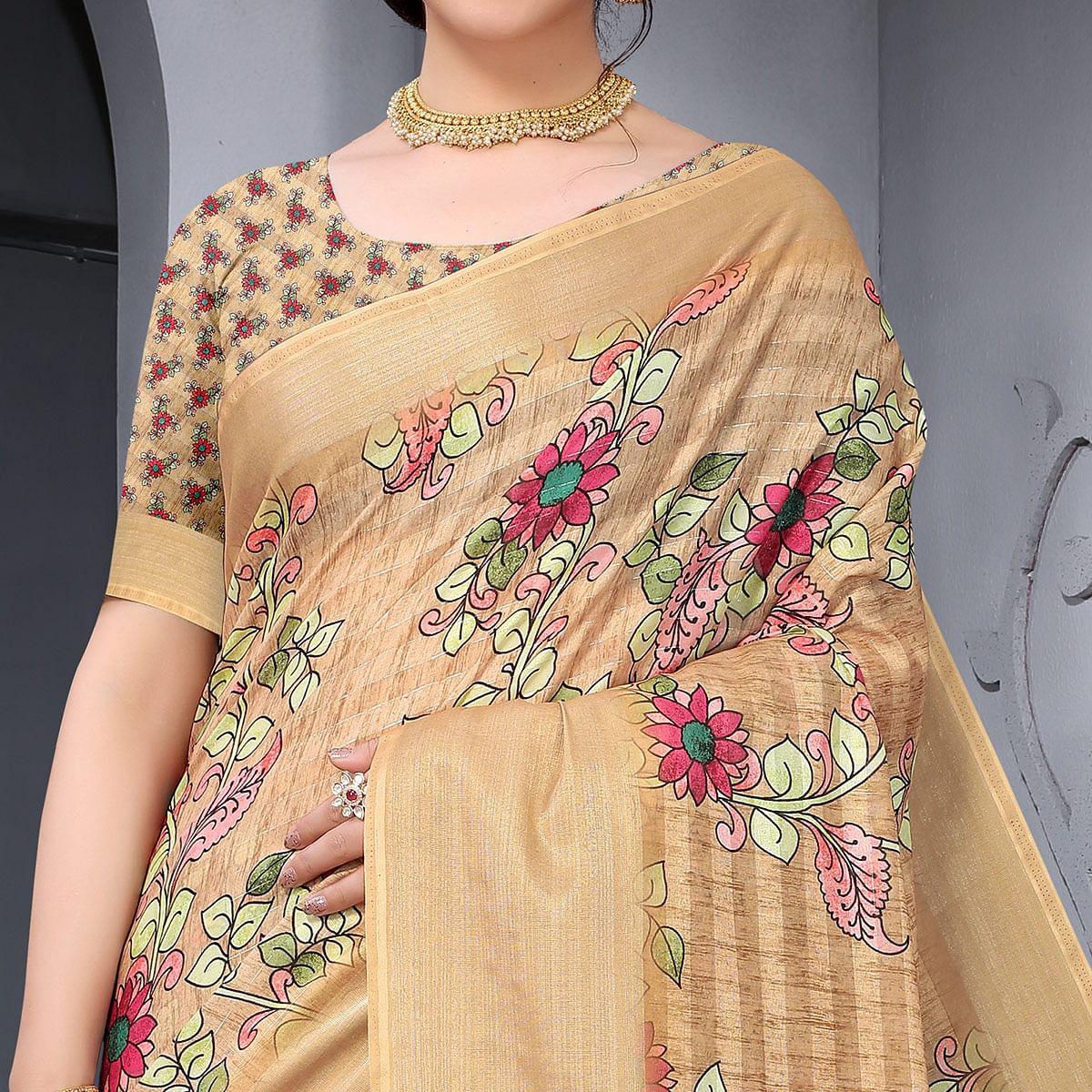 Chiku Festive Wear Floral Printed Art Silk Saree - Peachmode