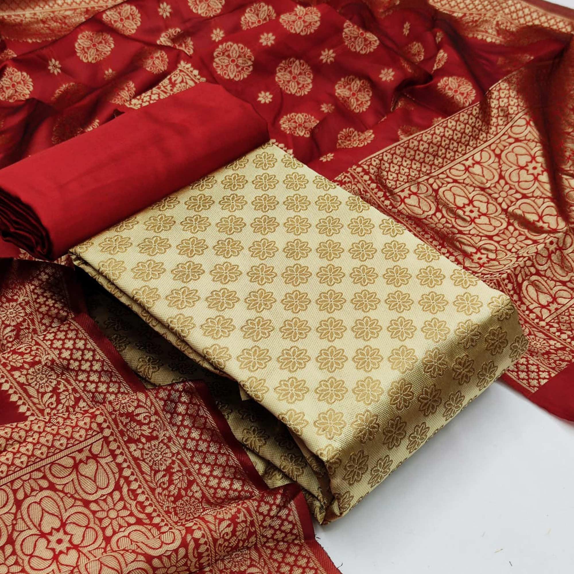 Chiku Festive Wear Woven Banarasi Silk Dress Material - Peachmode