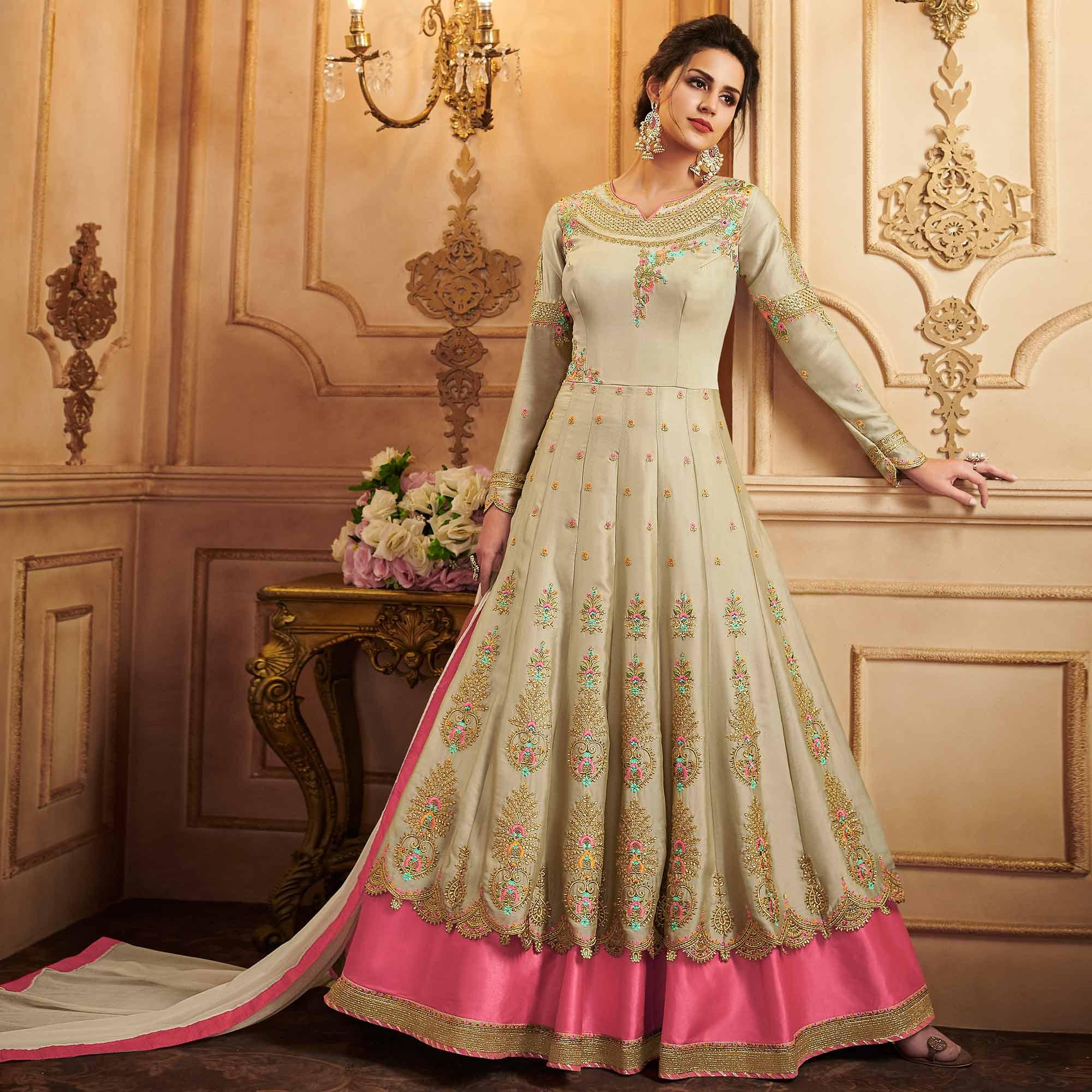 Chiku Partywear Embroidered Georgette Anarkali Suit - Peachmode