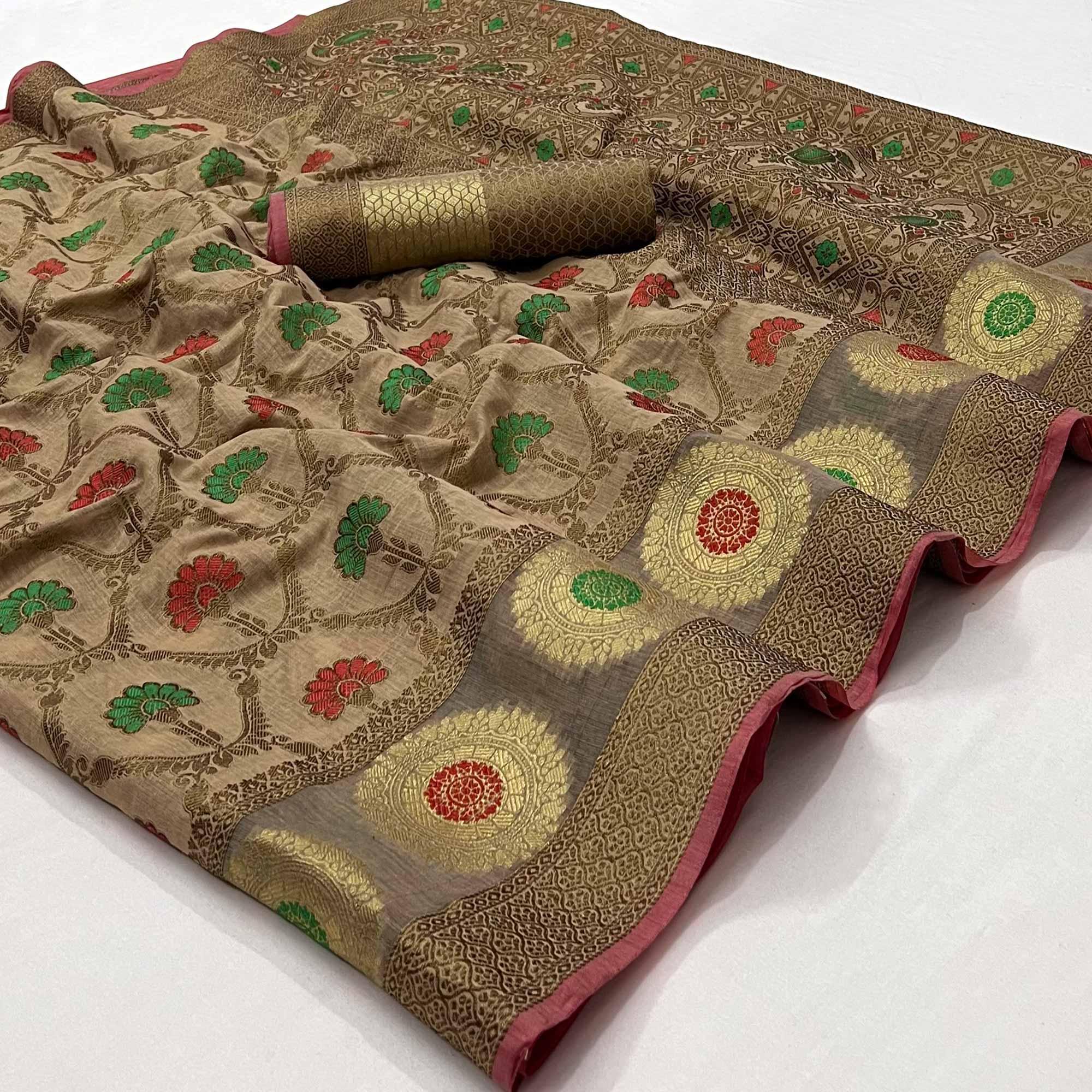 Chiku Woven Poly Cotton Saree - Peachmode