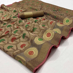 Chiku Woven Poly Cotton Saree - Peachmode