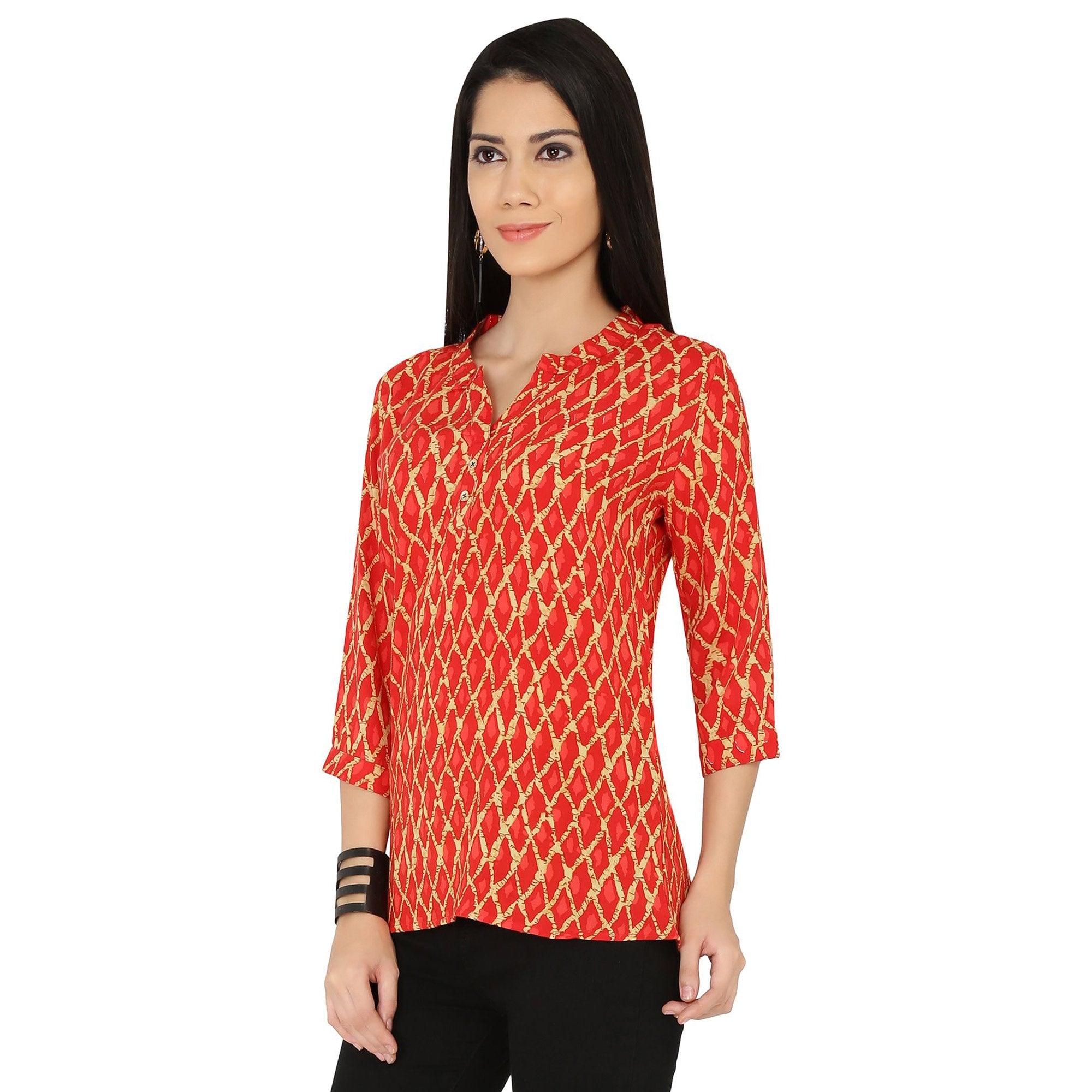 Chimpaaanzee - Orange Colored Casual Printed Viscose Top - Peachmode