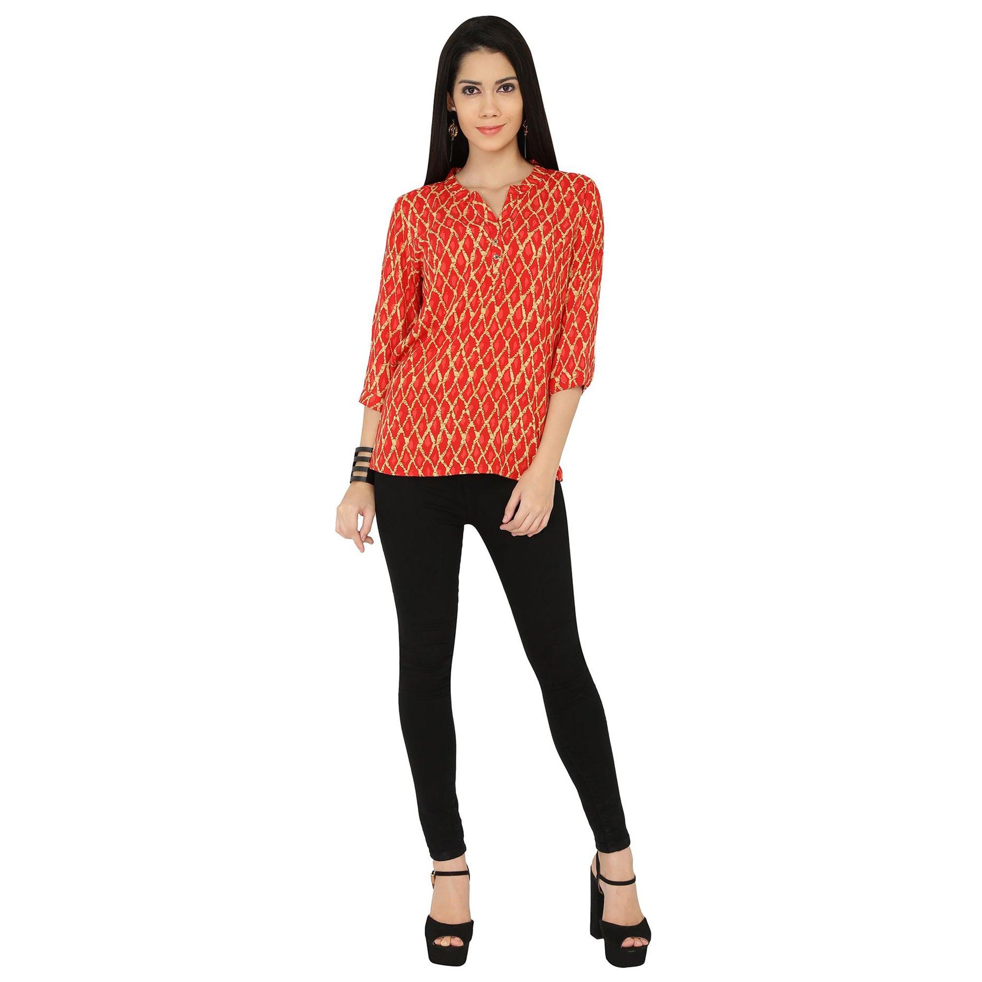 Chimpaaanzee - Orange Colored Casual Printed Viscose Top - Peachmode