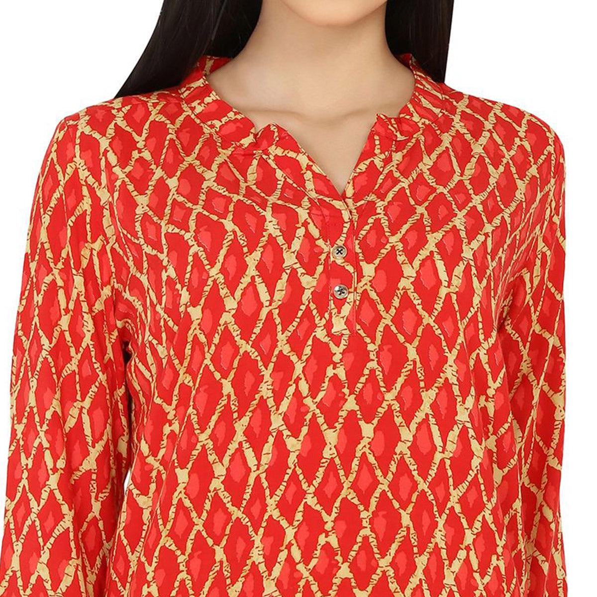 Chimpaaanzee - Orange Colored Casual Printed Viscose Top - Peachmode