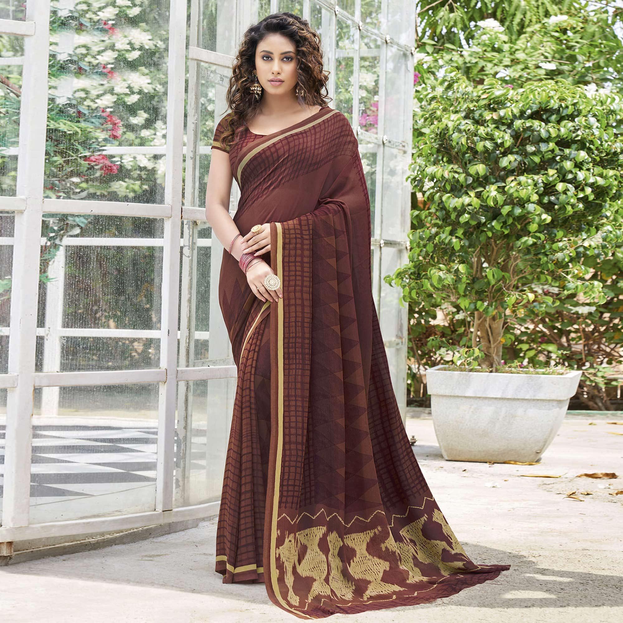 Chocolate Brown Printed Georgette Saree - Peachmode