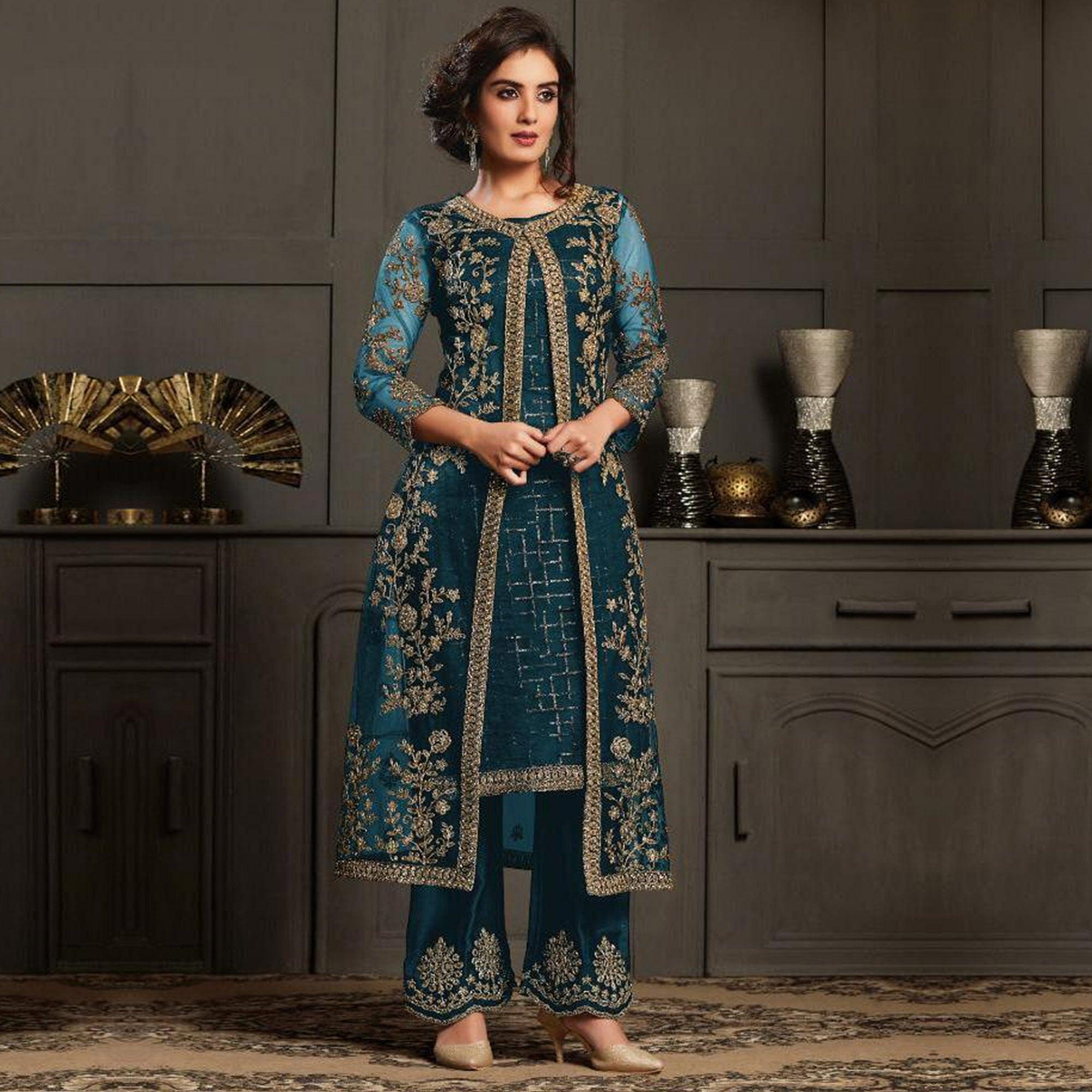 Classy Aqua Blue Coloured Party Wear Floral Embroidered Butterfly Net Pakistani Straight Suit - Peachmode