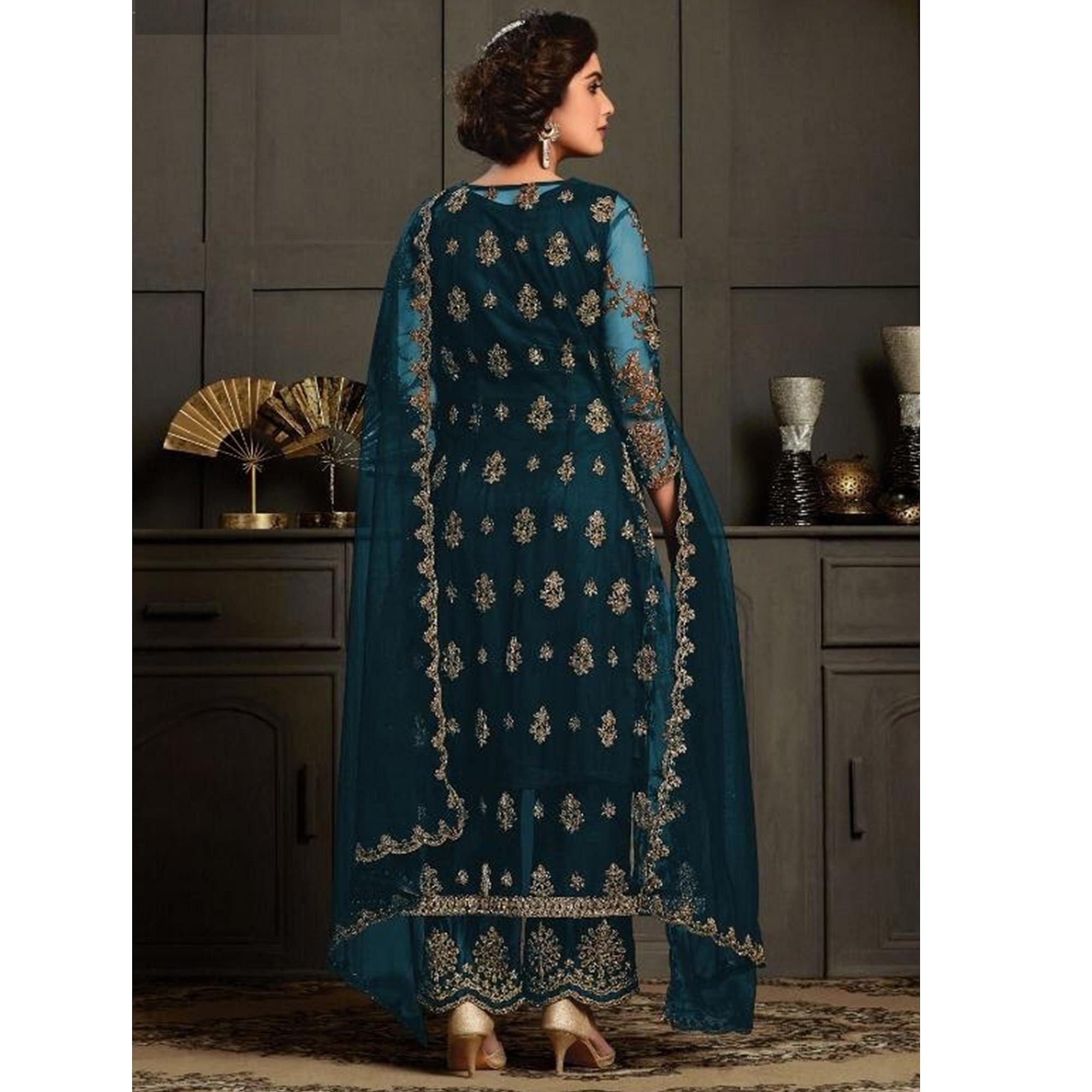 Classy Aqua Blue Coloured Party Wear Floral Embroidered Butterfly Net Pakistani Straight Suit - Peachmode