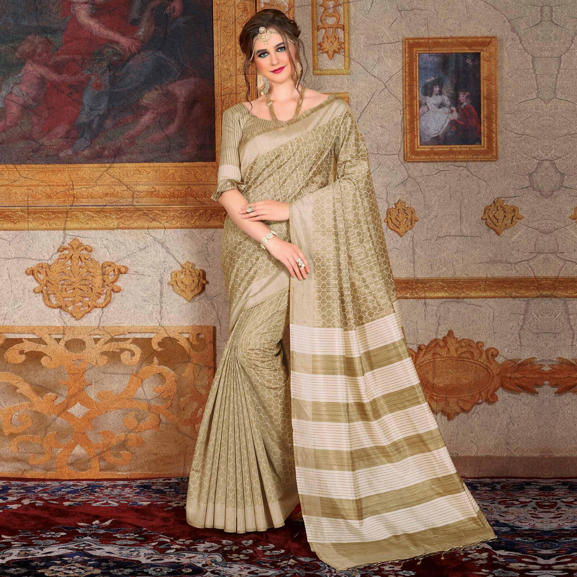 Classy Beige Colored Festive Wear Printed Bhagalpuri Silk Saree - Peachmode
