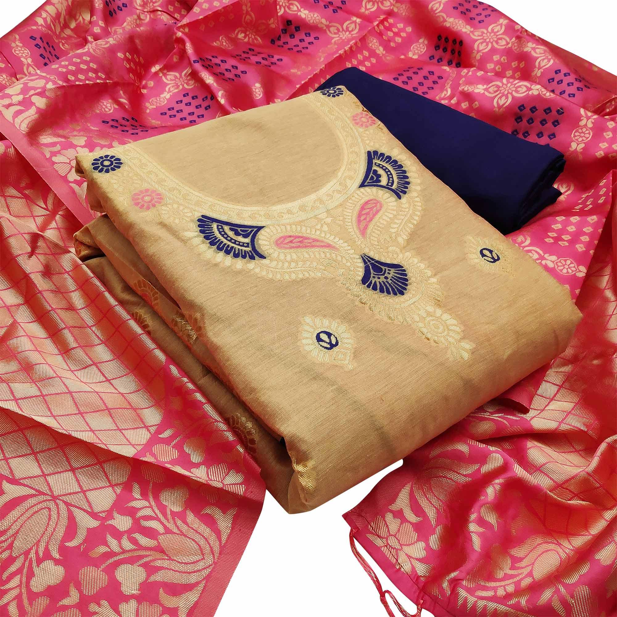 Classy Beige Colored Festive Wear Woven Banarasi Silk Dress Material - Peachmode