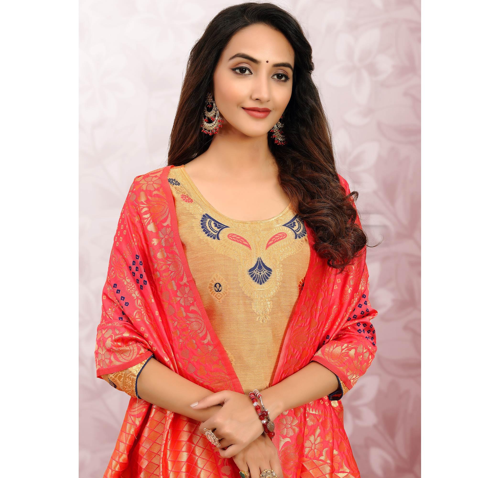 Classy Beige Colored Festive Wear Woven Banarasi Silk Dress Material - Peachmode