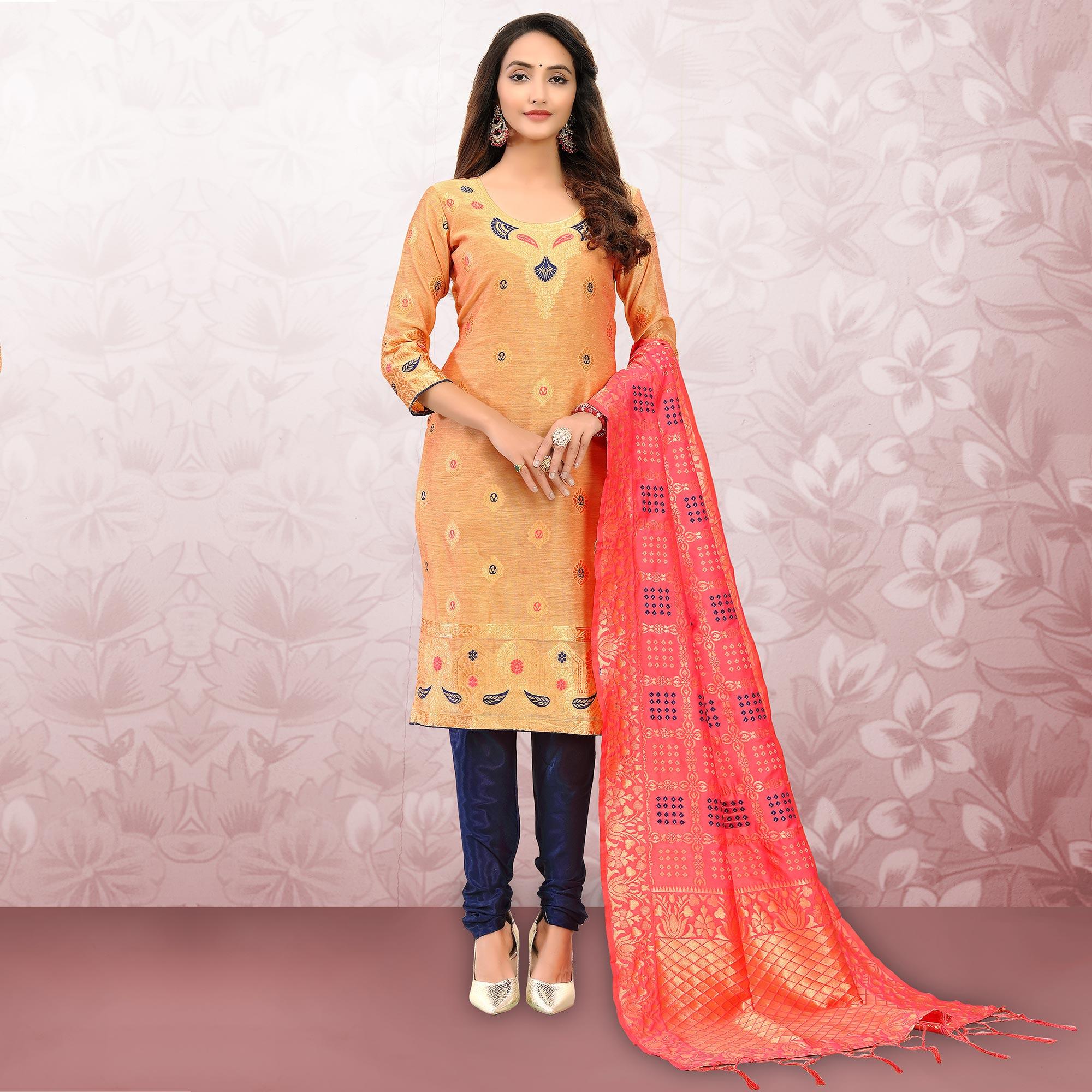 Classy Beige Colored Festive Wear Woven Banarasi Silk Dress Material - Peachmode