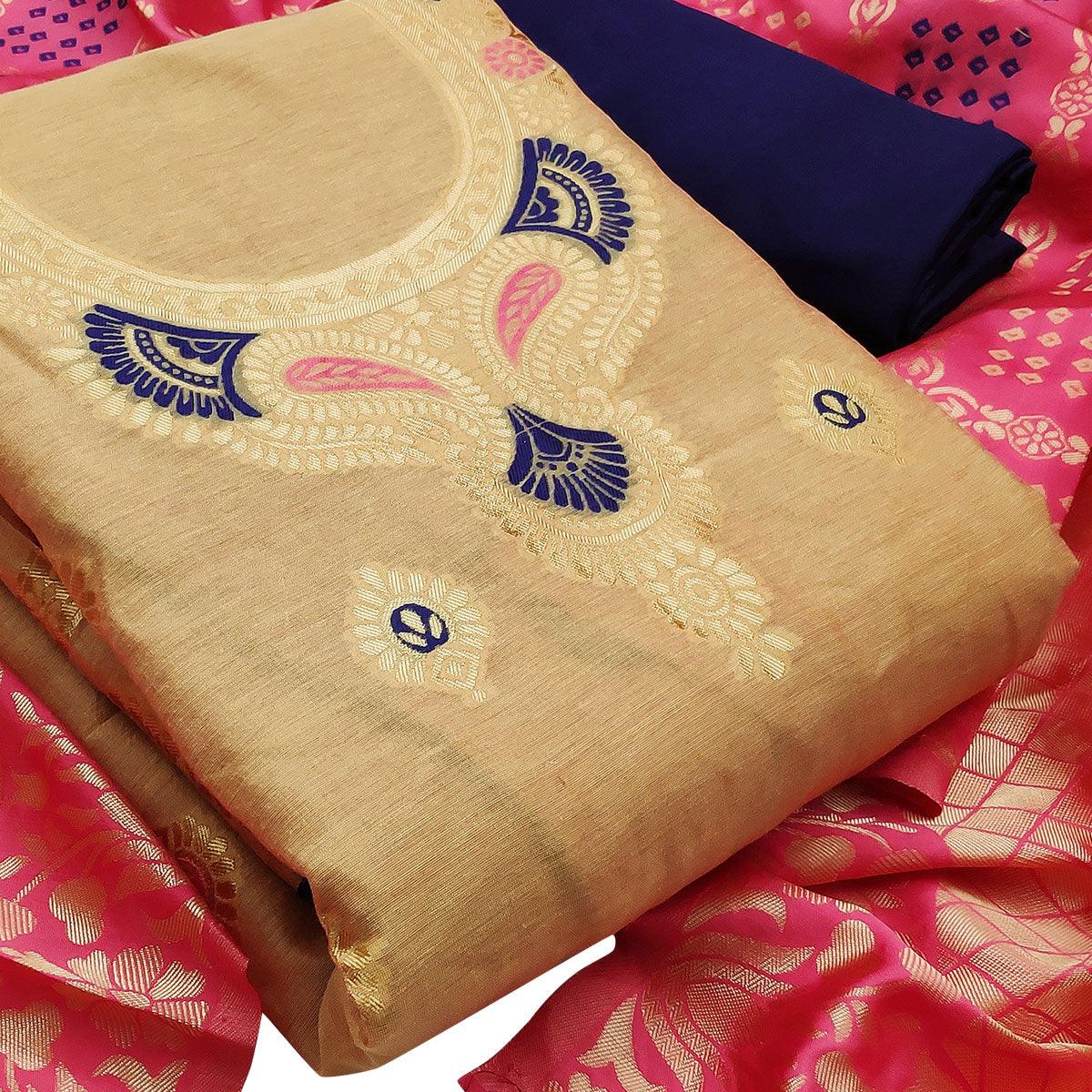 Classy Beige Colored Festive Wear Woven Banarasi Silk Dress Material - Peachmode